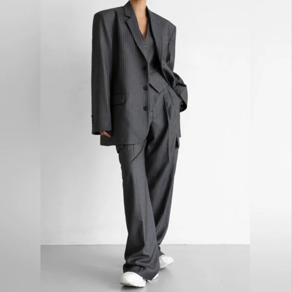 The Frankie Shop Elise Cargo Trousers Grey White Pinstripe